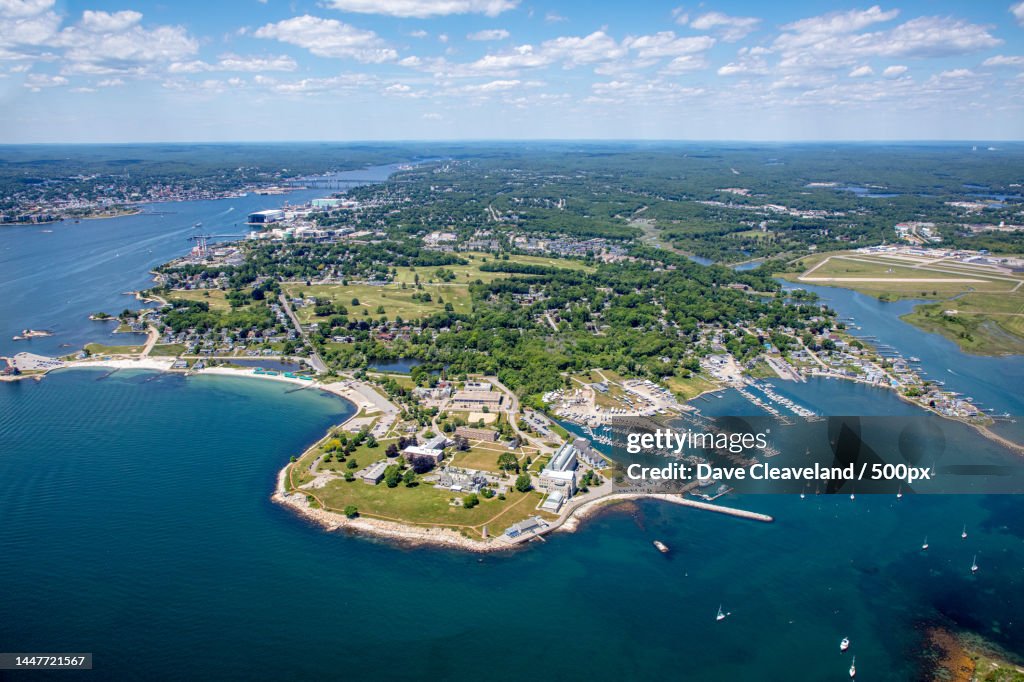 High angle view of sea and cityscape against sky,United States,USA