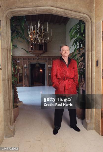 Hugh Hefner 73 years old in the hallway of his Playboy Mansion.February 17, 1999 Holmby Hills, Los Angeles, California