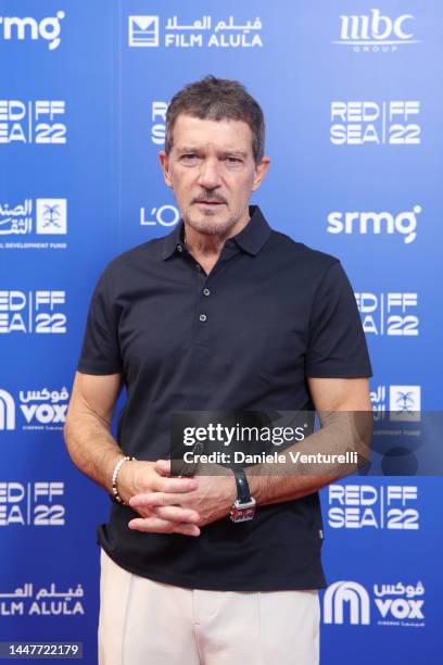 Antonio Banderas poses ahead of the "In Conversation with Antonio Banderas" at the Red Sea International Film Festival on December 08, 2022 in...