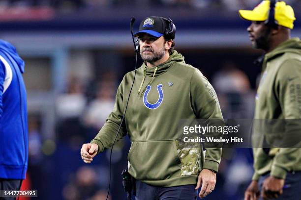 Head Coach Jeff Saturday of the Indianapolis Colts walks onto the field during a game against the Dallas Cowboys at AT&T Stadium on December 4, 2022...