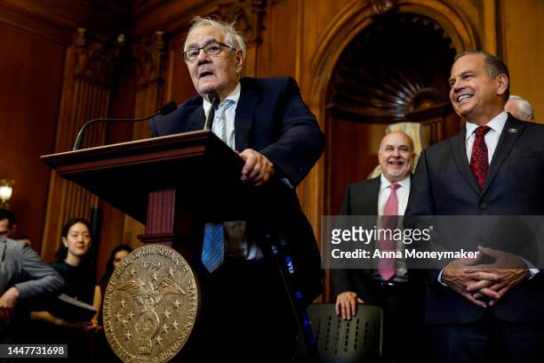 Former Rep. Barney Frank speaks during a bill enrollment ceremony for the Respect For Marriage Act as Rep. David Cicilline looks on at the U.S....