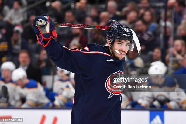 Johnny Gaudreau of the Columbus Blue Jackets stretches prior to a face-off during the first period of a game against the Buffalo Sabres at Nationwide...