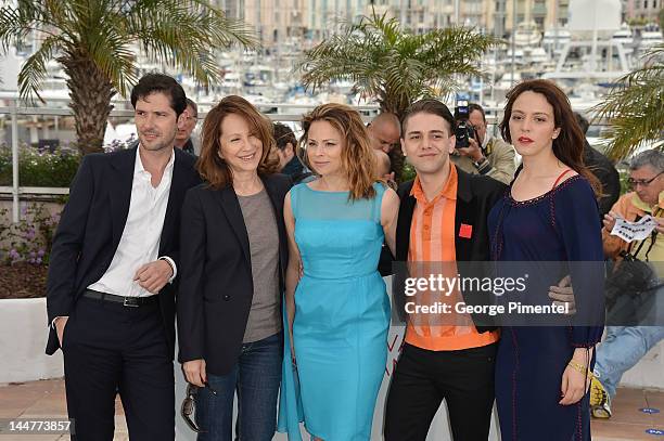 Actors Melvil Poupaud, Nathalie Baye, Suzanne Clement, Director Xavier Dolan and actress Monia Chokri attend the "Laurence Anyways" Photocall during...