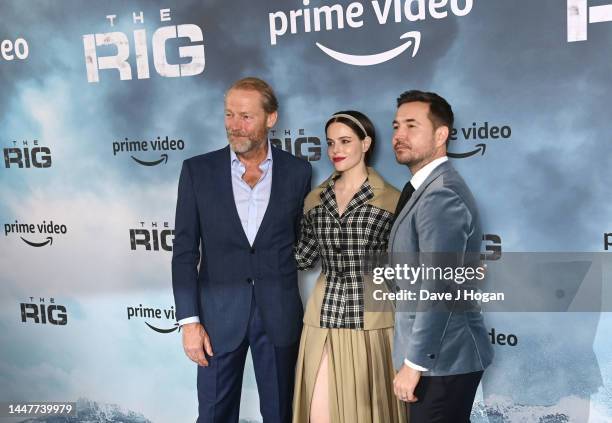 Iain Glenn, Martin Compston and Emily Hampshire attend "The Rig" Global Premiere at Regent Street Cinema on December 08, 2022 in London, England.