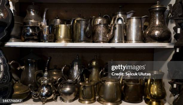 antique bronze and copper items - kitchen utensils stock pictures, royalty-free photos & images