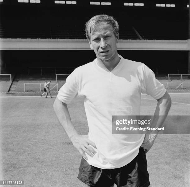 English footballer Bobby Charlton, a midfielder and forward with Manchester United football club, in training at Highbury ahead of playing in 1961 FA...