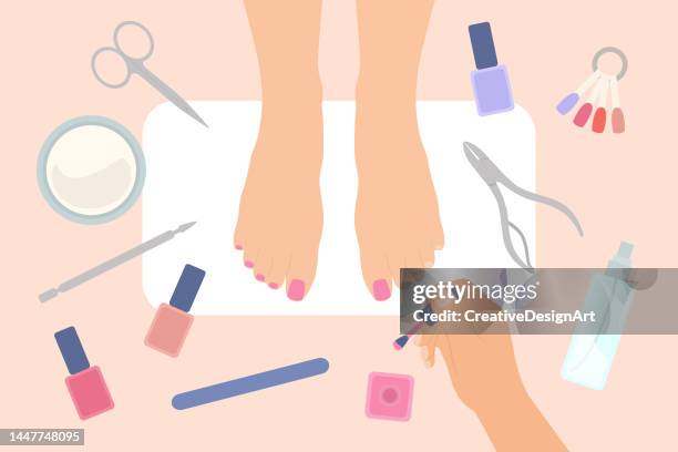 stockillustraties, clipart, cartoons en iconen met top view of female feet in nail salon. female hands applying nail polish on toenails. nail care concept - manicure