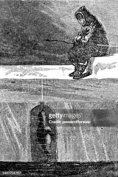 inuit man seal hunting by a breathing hole on the ice at baffin island, canada - 19th century - breathing hole stock illustrations