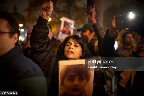 Protestors demonstrate outside the Iranian Embassy in Paris against the execution of Mohsen Shekari in Iran on December 08, 2022 in Paris, France....