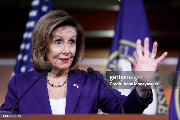 House Speaker Nancy Pelosi speaks at her weekly news conference at the U.S. Capitol Building on December 08, 2022 in Washington, DC. During the news...