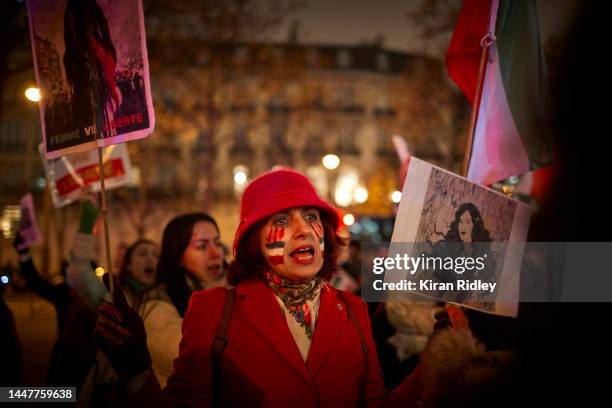Protestors demonstrate outside the Iranian Embassy in Paris against the execution of Mohsen Shekari in Iran on December 08, 2022 in Paris, France....