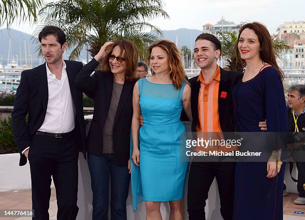 Actors Melvil Poupaud, Nathalie Baye, Suzanne Clement, Director Xavier Dolan and actress Monia Chokri pose at the 'Laurence Anyways' photocall during...