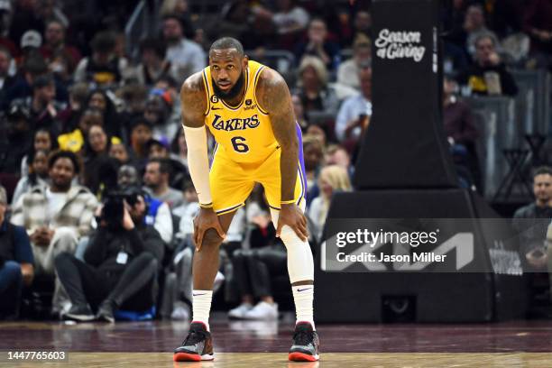 LeBron James of the Los Angeles Lakers waits on defense during the third quarter against the Cleveland Cavaliers at Rocket Mortgage Fieldhouse on...