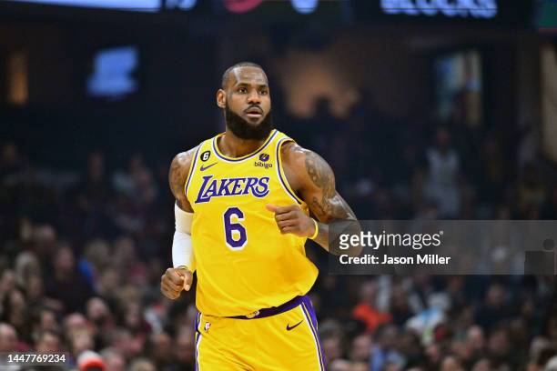 LeBron James of the Los Angeles Lakers runs down court during the first quarter against the Cleveland Cavaliers at Rocket Mortgage Fieldhouse on...