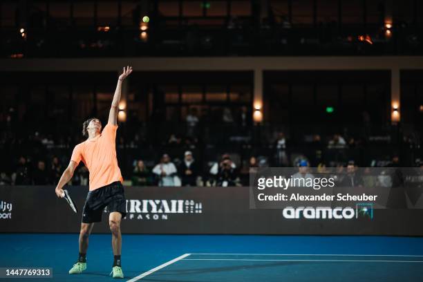 Alexander Zverev of Germany in action during day one of the Diriyah Tennis Cup Riyadh 2022 on December 08, 2022 in Riyadh, Saudi Arabia.