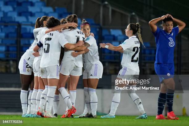 Caroline Weir of Real Madrid celebrates with team mates after scoring her team's first goal of the game during the UEFA Women's Champions League...