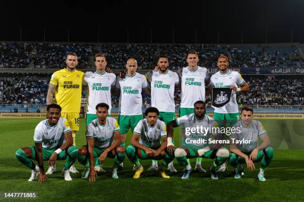 Newcastle players seen L-R Front to Back, Goalkeeper Loris Karius, Chris Wood, Jonjo Shelvey, Jamaal Lascelles, Sven Botman, Joelinton, Front row Joe...