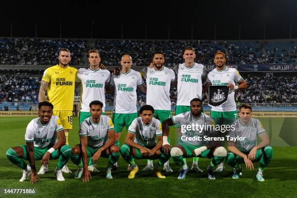 Newcastle players seen L-R Front to Back, Goalkeeper Loris Karius, Chris Wood, Jonjo Shelvey, Jamaal Lascelles, Sven Botman, Joelinton, Front row Joe...