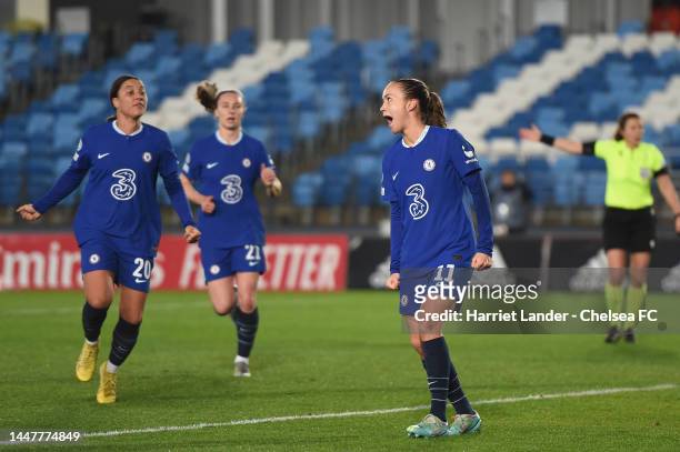Guro Reiten of Chelsea celebrates after scoring her team's first goal during the UEFA Women's Champions League group A match between Real Madrid and...