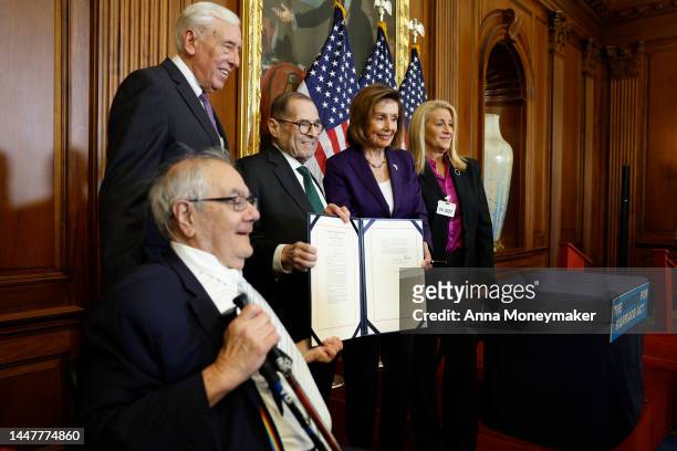 Former Rep. Barney Frank poses for a photo with House Majority Leader Rep. Steny Hoyer , Rep. Jerrold Nadler , House Speaker Nancy Pelosi and Judith...