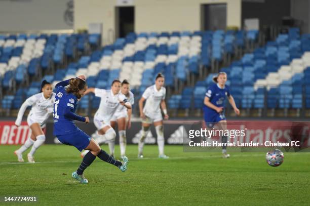 Guro Reiten of Chelsea scores her team's first goal during the UEFA Women's Champions League group A match between Real Madrid and Chelsea FC at...