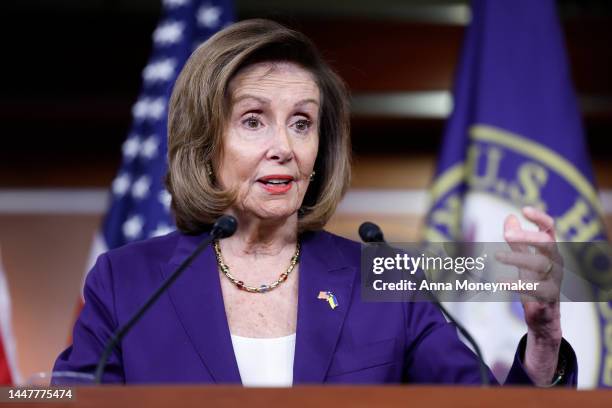 House Speaker Nancy Pelosi speaks at her weekly news conference at the U.S. Capitol Building on December 08, 2022 in Washington, DC. During the news...