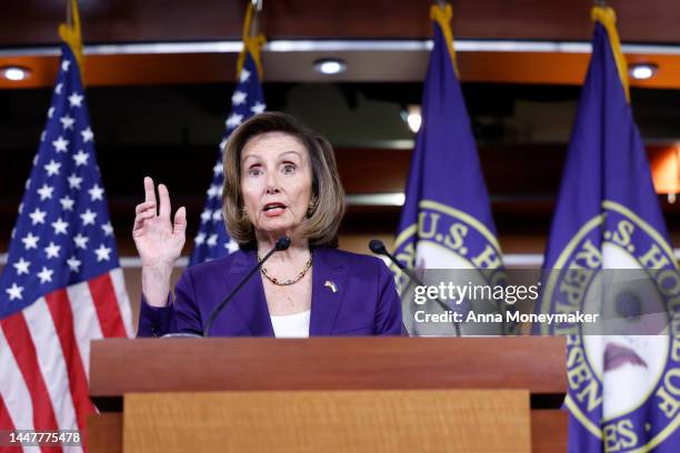 House Speaker Nancy Pelosi speaks at her weekly news conference at the U.S. Capitol Building on December 08, 2022 in Washington, DC. During the news...