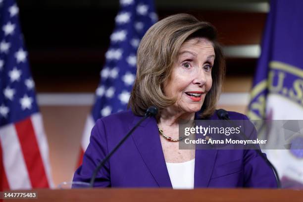 House Speaker Nancy Pelosi speaks at her weekly news conference at the U.S. Capitol Building on December 08, 2022 in Washington, DC. During the news...