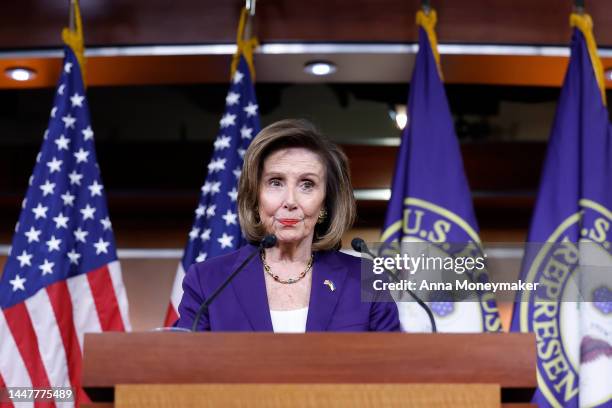 House Speaker Nancy Pelosi speaks at her weekly news conference at the U.S. Capitol Building on December 08, 2022 in Washington, DC. During the news...