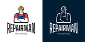 Repairman home service logo set. Handyman male logotype. Building repair business brand identity symbol. Construction and maintenance industry badge design. Mechanic workshop man insignia. Vector