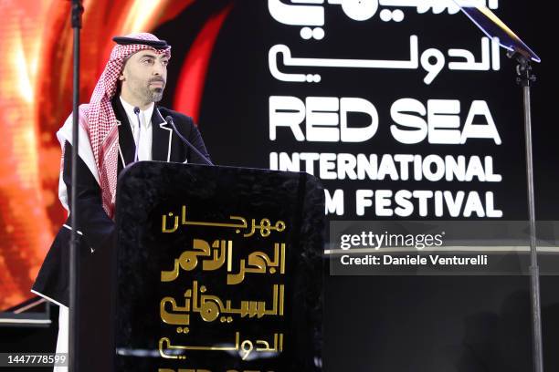 Of Red Sea International Film Festival, Mohammed Al Turki speaks on stage during the Closing Night Gala Awards at the Red Sea International Film...