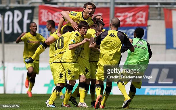 The team of Dortmund celebrate Mario Vrancic's first goal during the Regionalliga West match between Wuppertaler SV and Borussia Dortmund II at...