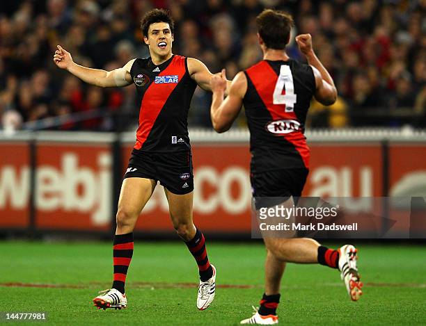 Angus Monfries of the Bombers celebrates a goal with Jobe Watson during the round eight AFL match between the Essendon Bombers and the Richmond...