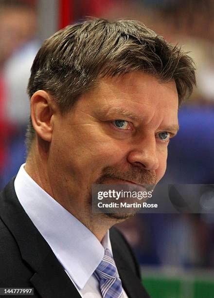 Jukka Jalonen, head coach of Finland looks on during the IIHF World Championship semi final match between Russia and Finland at Hartwall Arena on May...