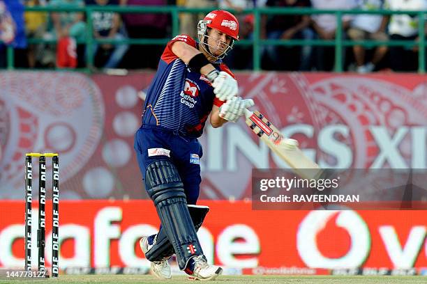Delhi Daredevils player David Warner plays a shot during the IPL Twenty20 cricket match between Kings XI Punjab and Delhi Daredevils at the Himachal...