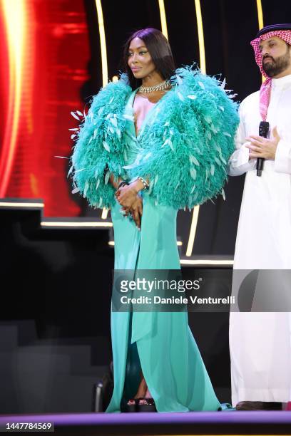 Naomi Campbell speaks on stage at the Closing Night Gala Awards at the Red Sea International Film Festival on December 08, 2022 in Jeddah, Saudi...