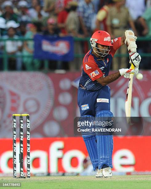 Delhi Daredevils player Venugopal Rao plays a shot during the IPL Twenty20 cricket match between Kings XI Punjab and Delhi Daredevils at the Himachal...