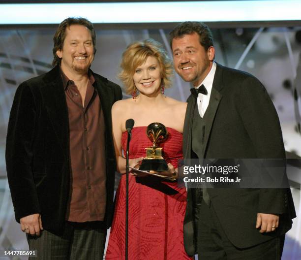 Country Singer Alison Krauss with Jerry Douglas and Dan Tyminski of band 'Union Station' backstage at Grammy Awards, February 8, 2006 in Los Angeles,...