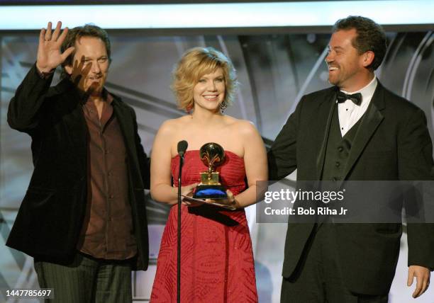 Country Singer Alison Krauss with Jerry Douglas and Dan Tyminski of band 'Union Station' backstage at Grammy Awards, February 8, 2006 in Los Angeles,...