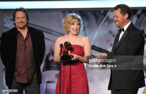 Country Singer Alison Krauss with Jerry Douglas and Dan Tyminski of band 'Union Station' backstage at Grammy Awards, February 8, 2006 in Los Angeles,...