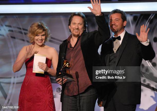 Country Singer Alison Krauss with Jerry Douglas and Dan Tyminski of band 'Union Station' backstage at Grammy Awards, February 8, 2006 in Los Angeles,...