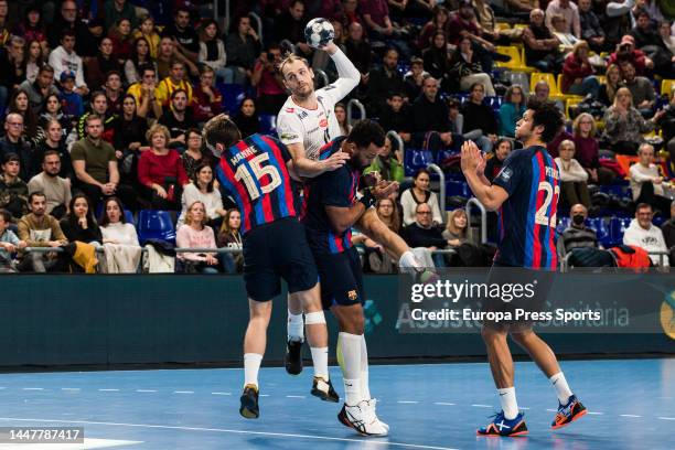 Lukas Sandell of Aalborg Handbold in action during the EHF Champions League Group B match between FC Barcelona and Aalborg Handbold at Palau...