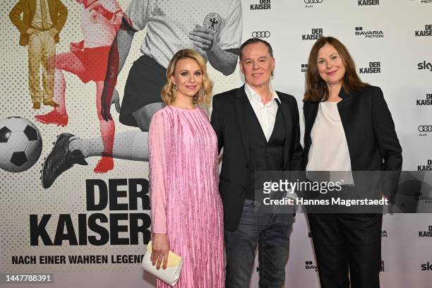 Teresa Rizos, Tim Trageser and Bettina Mittendorfer attend the "Der Kaiser" Premiere at Astor Filmlounge on December 08, 2022 in Munich, Germany.