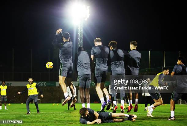 Joao Moutinho of Wolverhampton Wanderers takes a free kick during a Wolverhampton Wanderers Training Session on December 07, 2022 in Marbella, Spain.