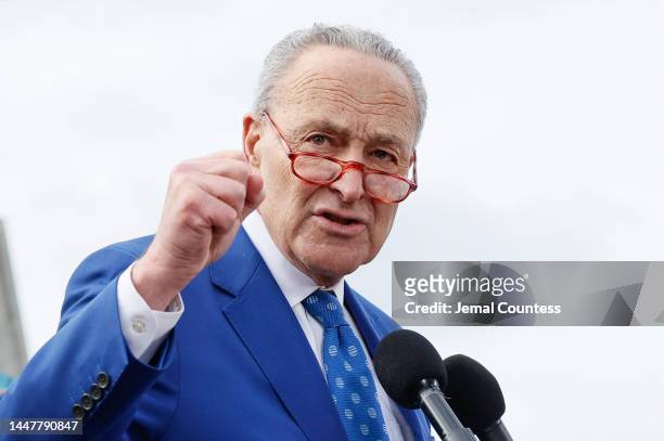 Senate Majority Leader Chuck Schumer speaks during a press conference held by airport workers and members of SEIU to ask congress to pass the "Good...