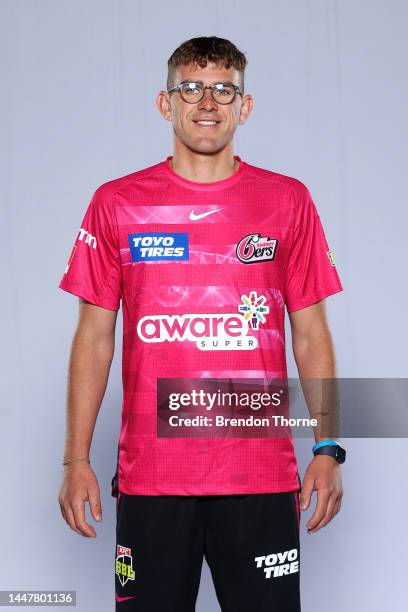 Todd Murphy of the Sixers poses during the Sydney Sixers Big Bash League headshots session at Cricket Central on December 08, 2022 in Sydney,...