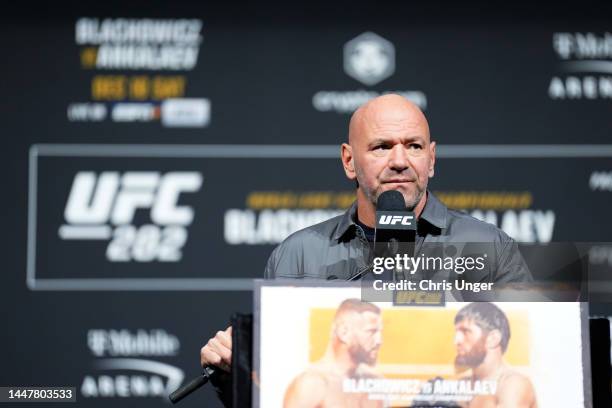 President Dana White is seen on stage during the UFC 282 press conference at MGM Grand Garden Arena on December 08, 2022 in Las Vegas, Nevada.