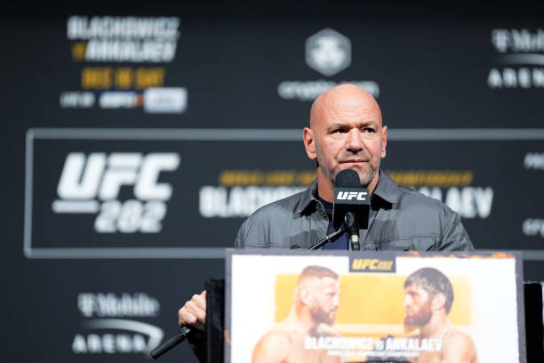 President Dana White is seen on stage during the UFC 282 press conference at MGM Grand Garden Arena on December 08, 2022 in Las Vegas, Nevada.