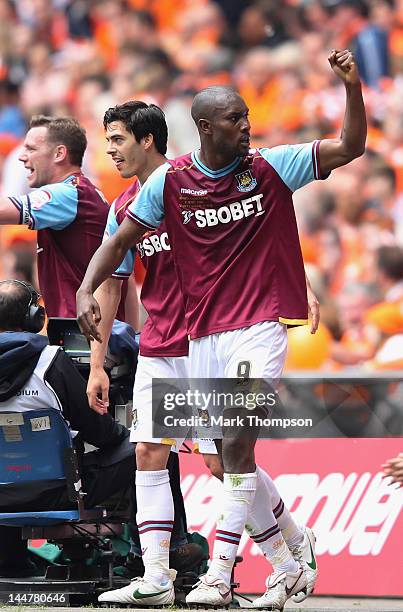 Carlton Cole of West Ham celebrates his goal during the npower Championship - Playoff Final between West Ham United and Blackpool at Wembley Stadium...