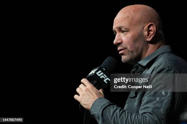 President Dana White is seen on stage during the UFC 282 press conference at MGM Grand Garden Arena on December 08, 2022 in Las Vegas, Nevada.